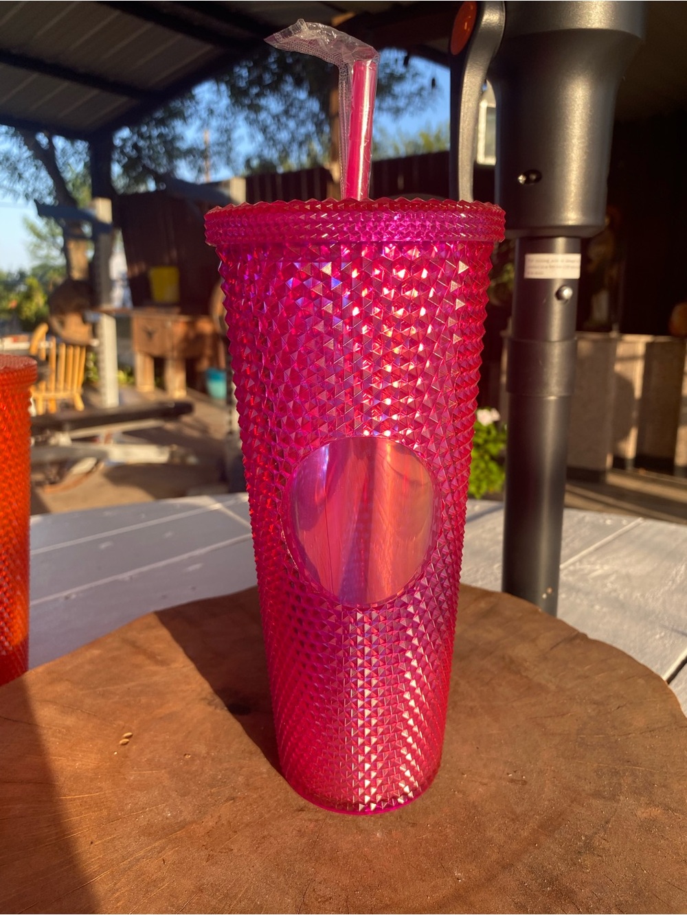 Textured Hot Pink Tumbler with Straw - Brand Unspecified